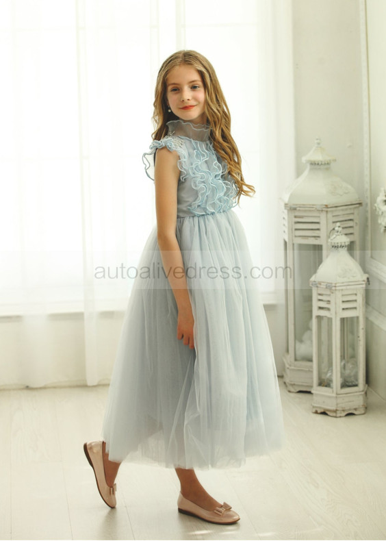 High Collar Baby Blue Ruffle Flower Girl Dress